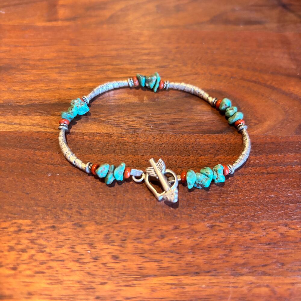 Vtg .925 Sterling Silver Turquoise Bracelet 8 In. Toggle Clasp Southwest Western